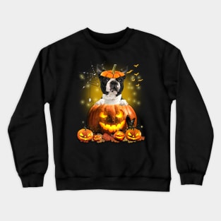 Black Boston Terrier Spooky Halloween Pumpkin Dog Head Crewneck Sweatshirt